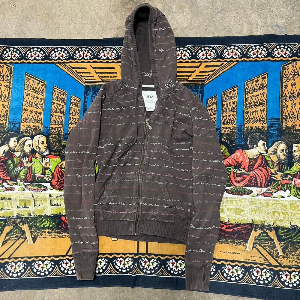 Brown fox zip up hoodie womens medium fox riders girls embroidered scripture y2k - Picture 6 of 8